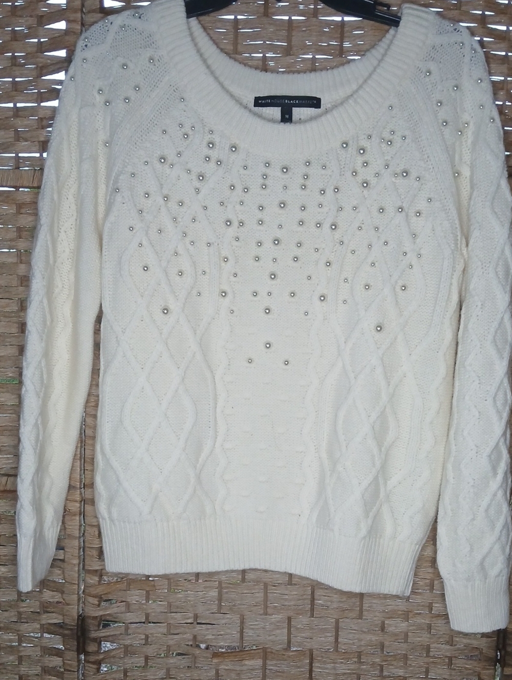 Beaded Cable Knit Crewneck Sweater in Ivory White House Black Market
